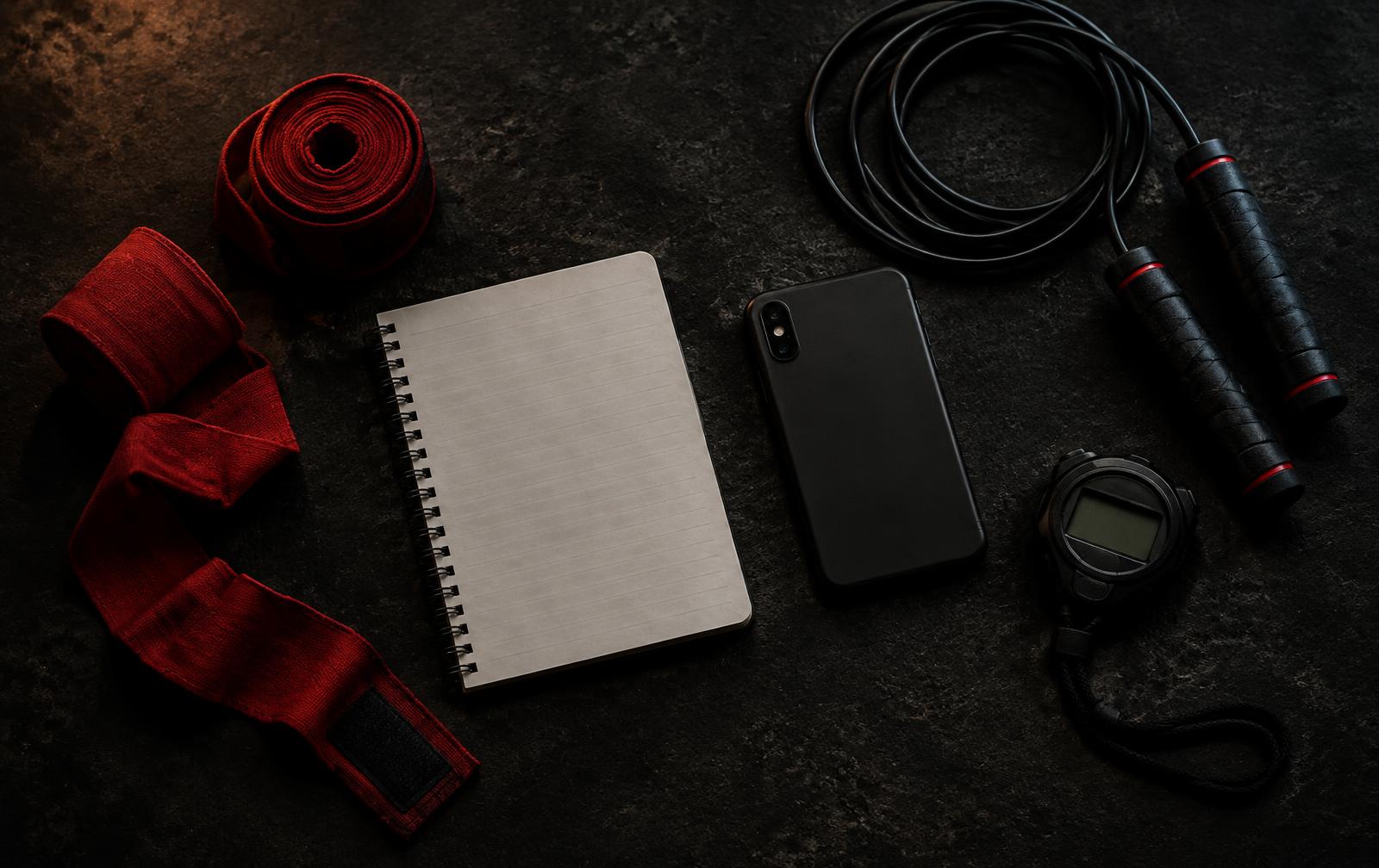 Training plan, hand wraps, jump rope, phone and stopwatch laid out on a gym bench