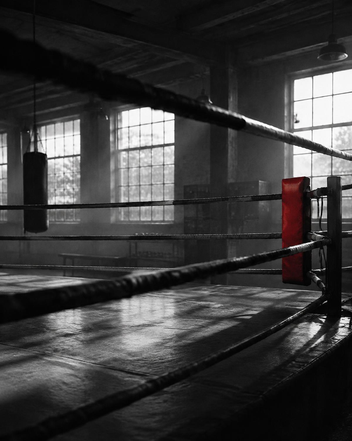 Empty boxing ring corner with a red corner pad in a quiet, window-lit gym